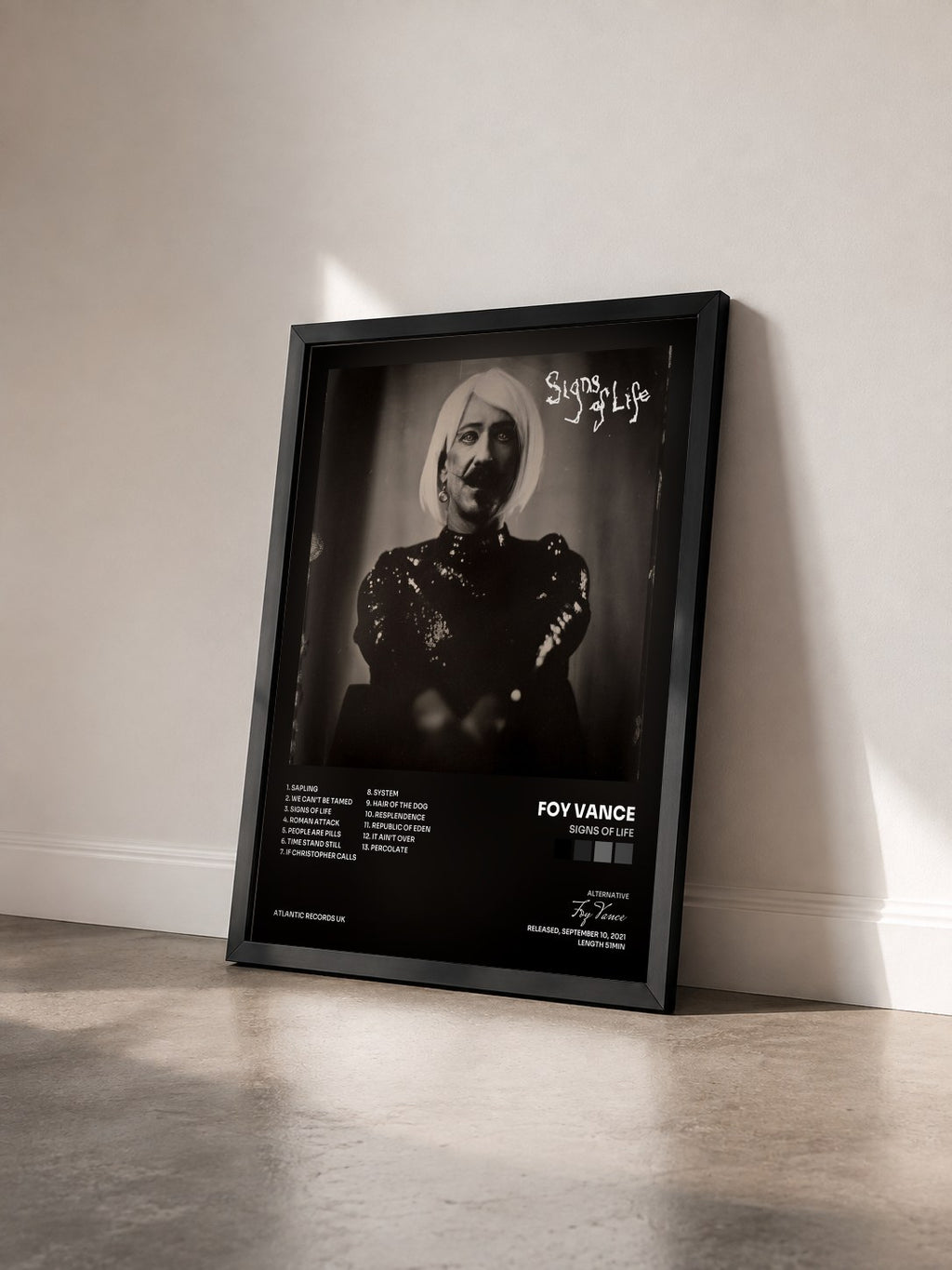 #noir Tableau de l'album Signs of Life de Foy Vance vu de trois quarts, cadre noir