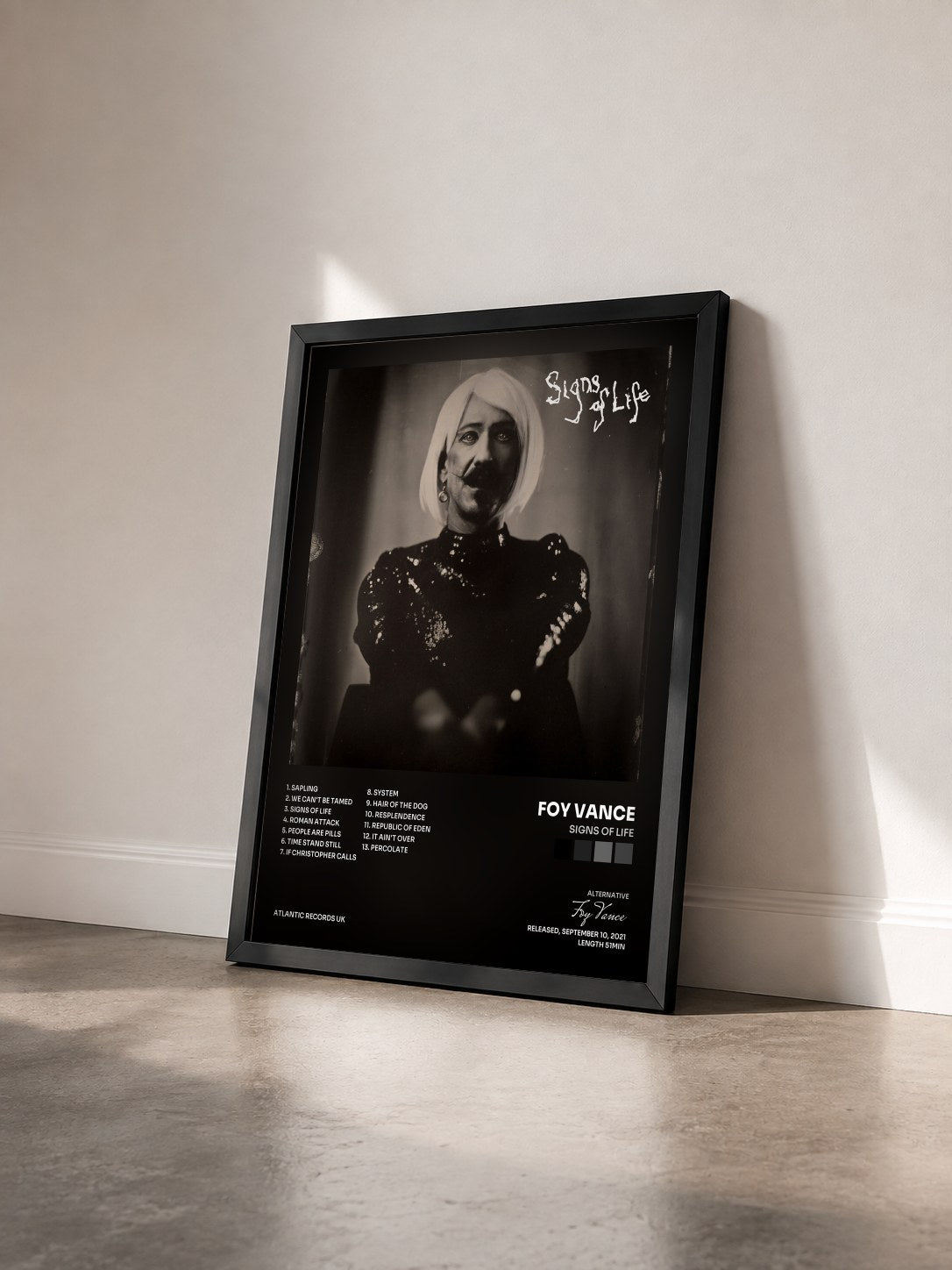 #noir Tableau de l'album Signs of Life de Foy Vance vu de trois quarts, cadre noir