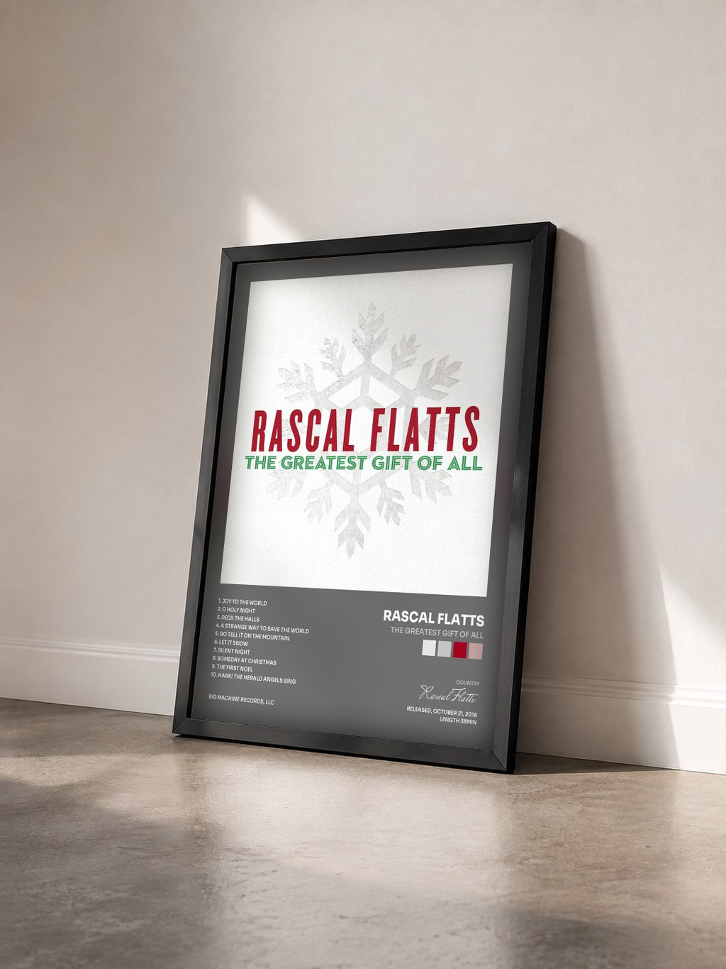 #noir Tableau de l'album The Greatest Gift Of All de Rascal Flatts vu de trois quarts, cadre noir