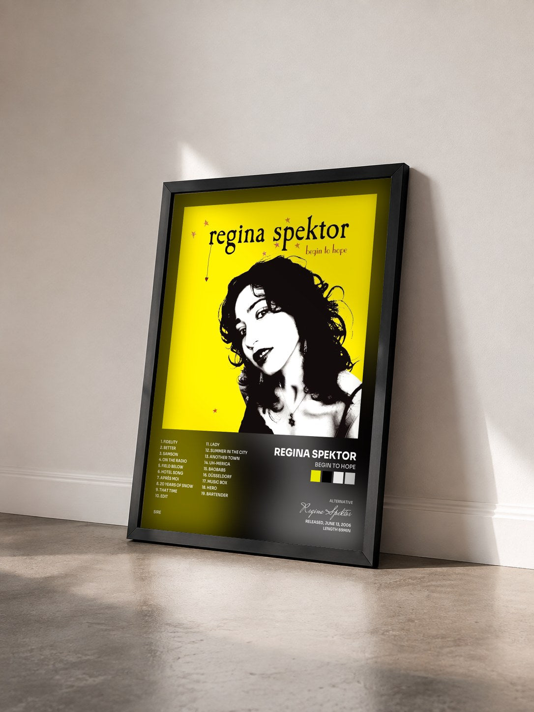 #noir Tableau de l'album Begin to Hope de Regina Spektor vu de trois quarts, cadre noir