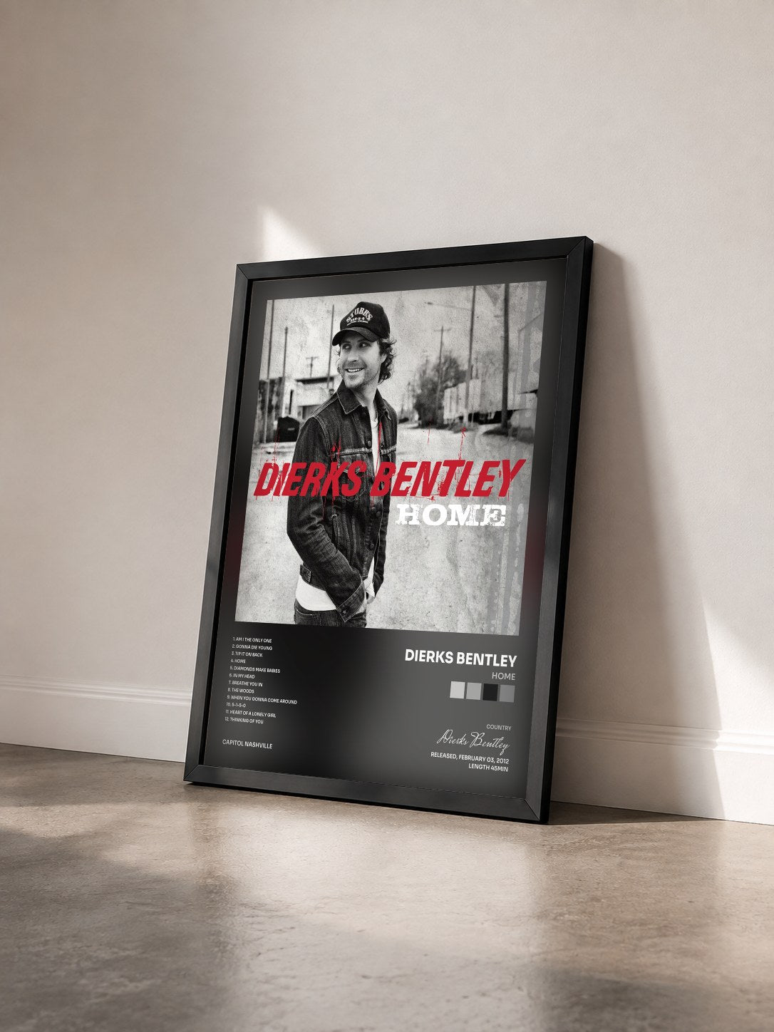 #noir Tableau de l'album Home de Dierks Bentley vu de trois quarts, cadre noir