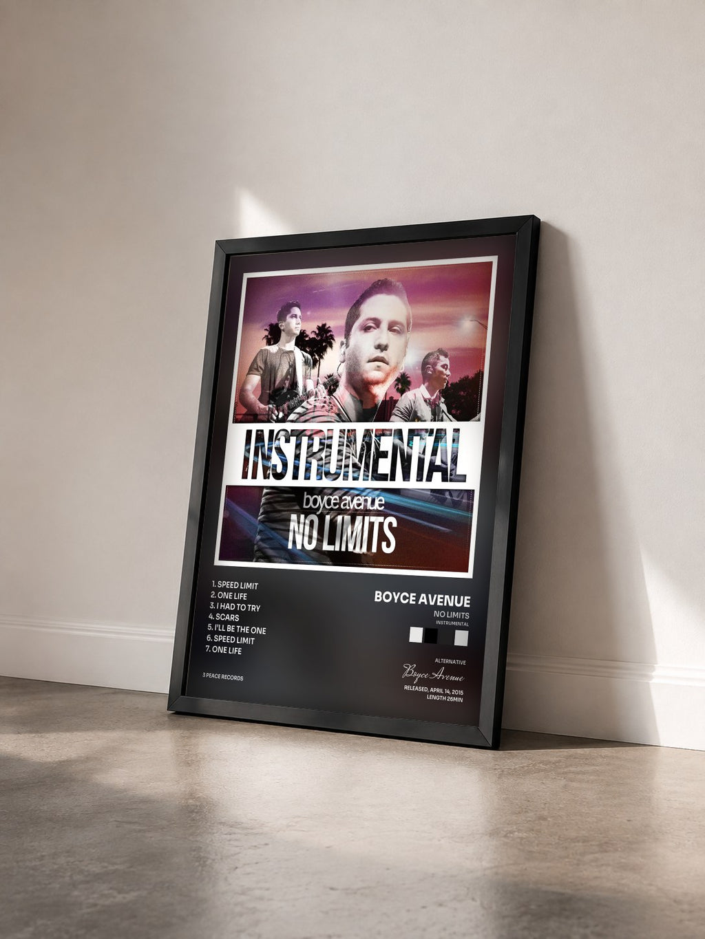 #noir Tableau de l'album No Limits (Instrumental) de Boyce Avenue vu de trois quarts, cadre noir