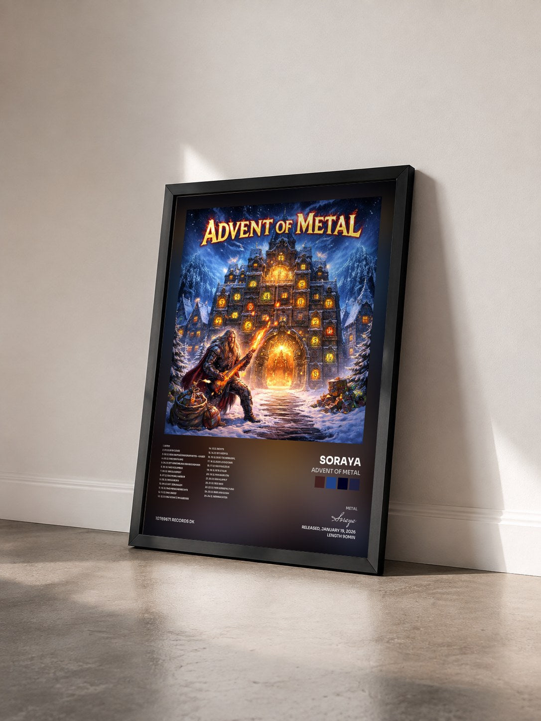 #noir Tableau de l'album Advent of Metal de Soraya vu de trois quarts, cadre noir