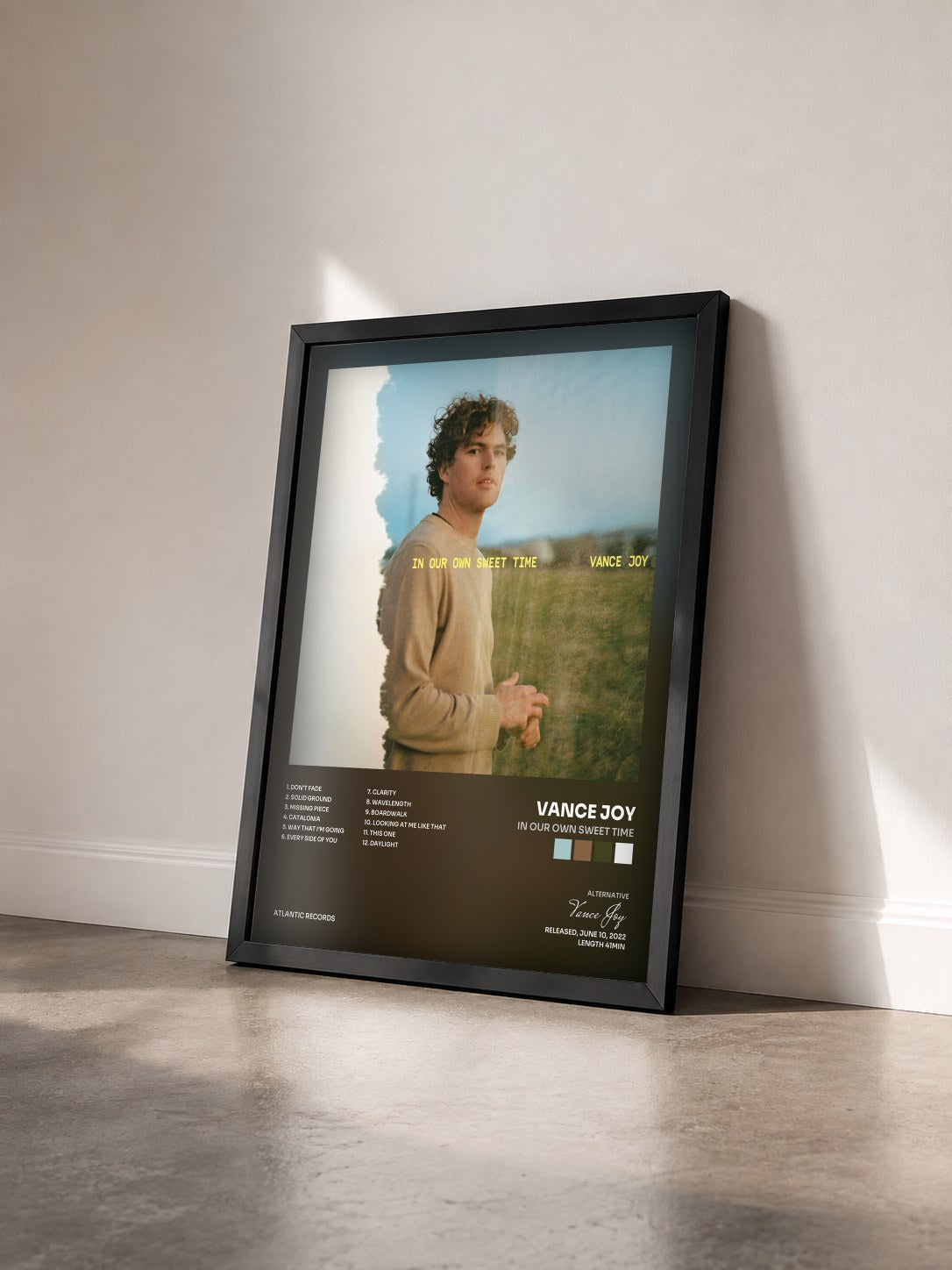 #noir Tableau de l'album In Our Own Sweet Time de Vance Joy vu de trois quarts, cadre noir