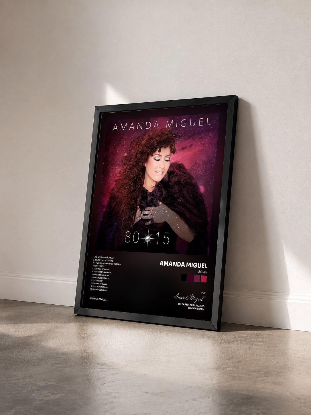 #noir Tableau de l'album 80-15 de Amanda Miguel vu de trois quarts, cadre noir