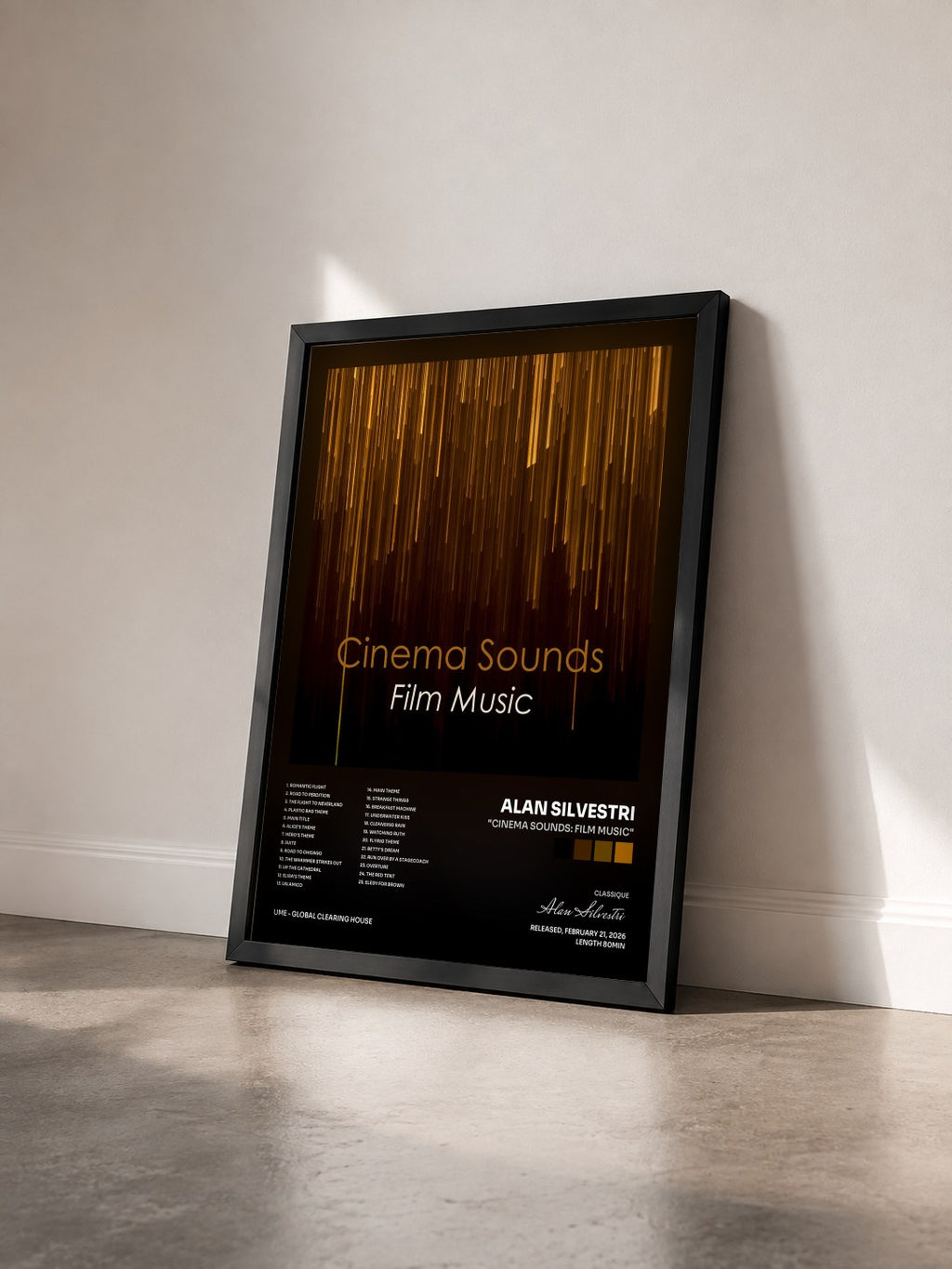 #noir Tableau de l'album "Cinema Sounds: Film Music" de Alan Silvestri vu de trois quarts, cadre noir