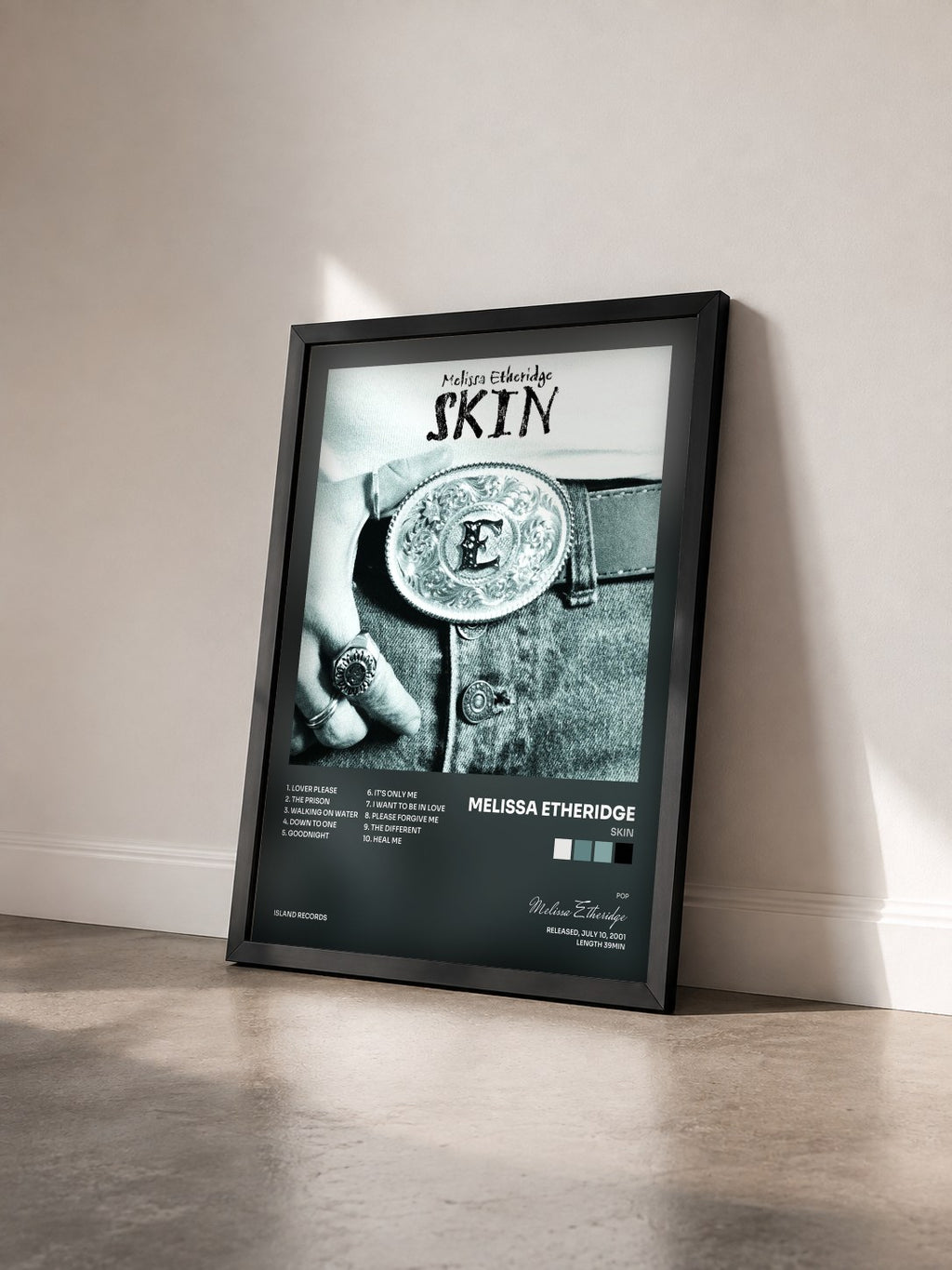 #noir Tableau de l'album Skin de Melissa Etheridge vu de trois quarts, cadre noir