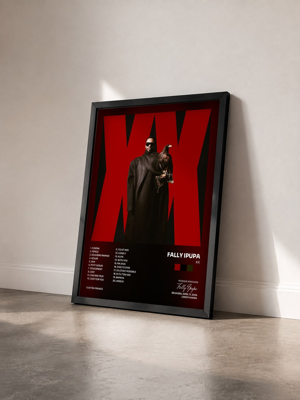 #noir Tableau de l'album XX de Fally Ipupa vu de trois quarts, cadre noir