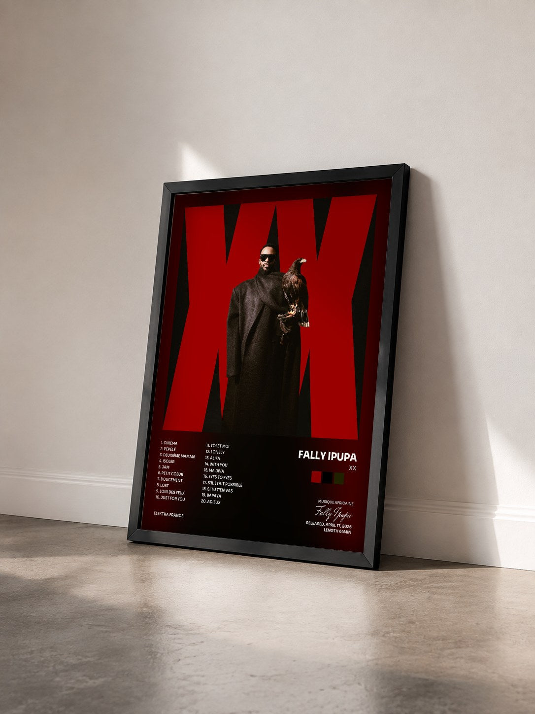 #noir Tableau de l'album XX de Fally Ipupa vu de trois quarts, cadre noir