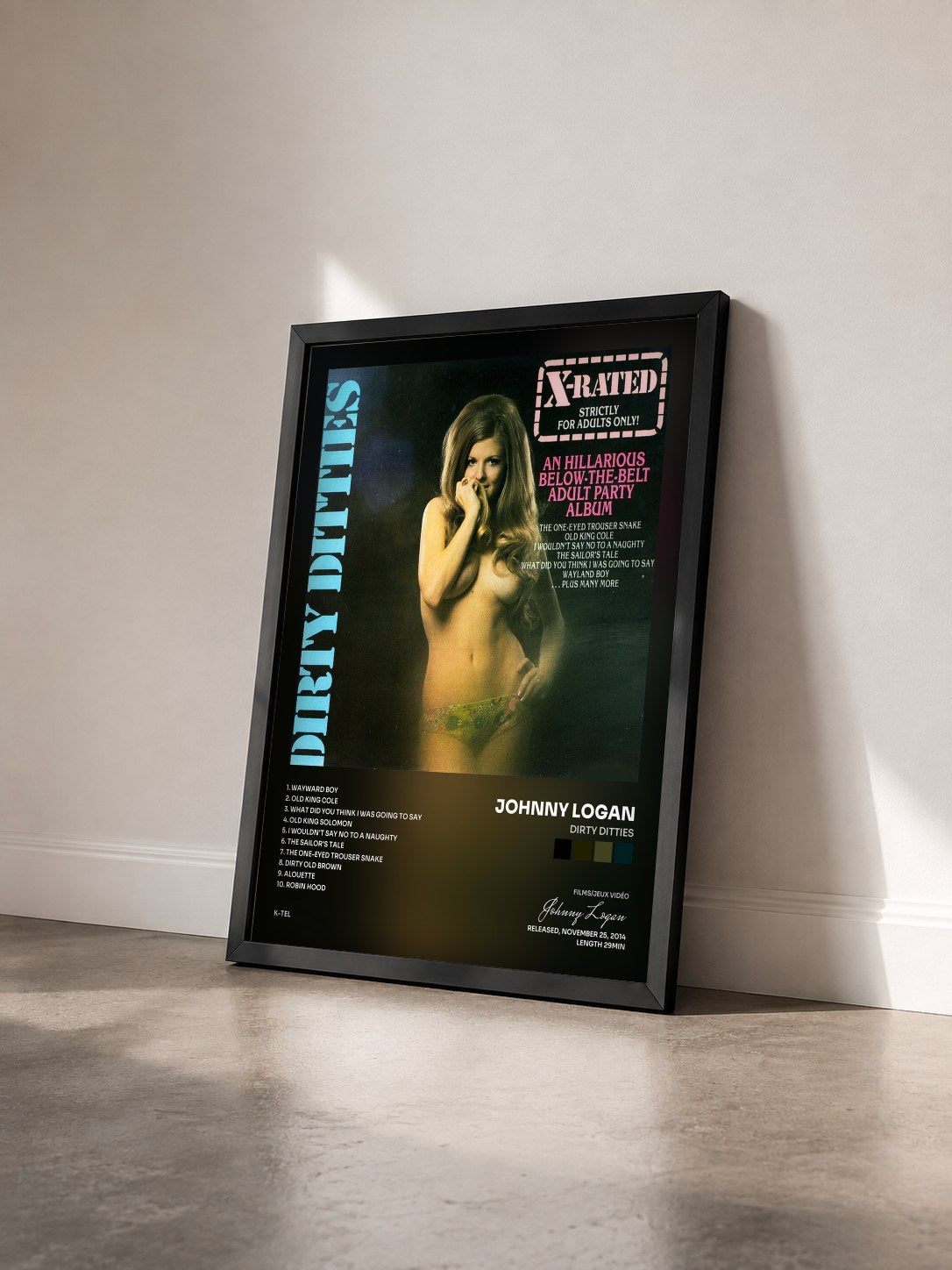 #noir Tableau de l'album Dirty Ditties de Johnny Logan vu de trois quarts, cadre noir