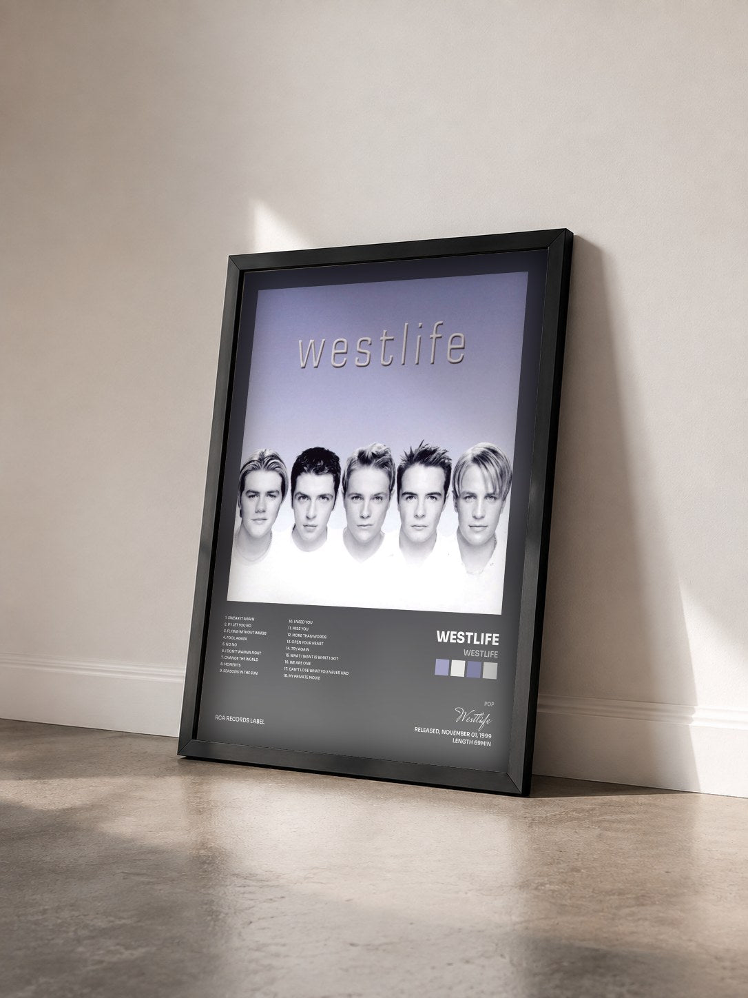 #noir Tableau de l'album Westlife de Westlife vu de trois quarts, cadre noir