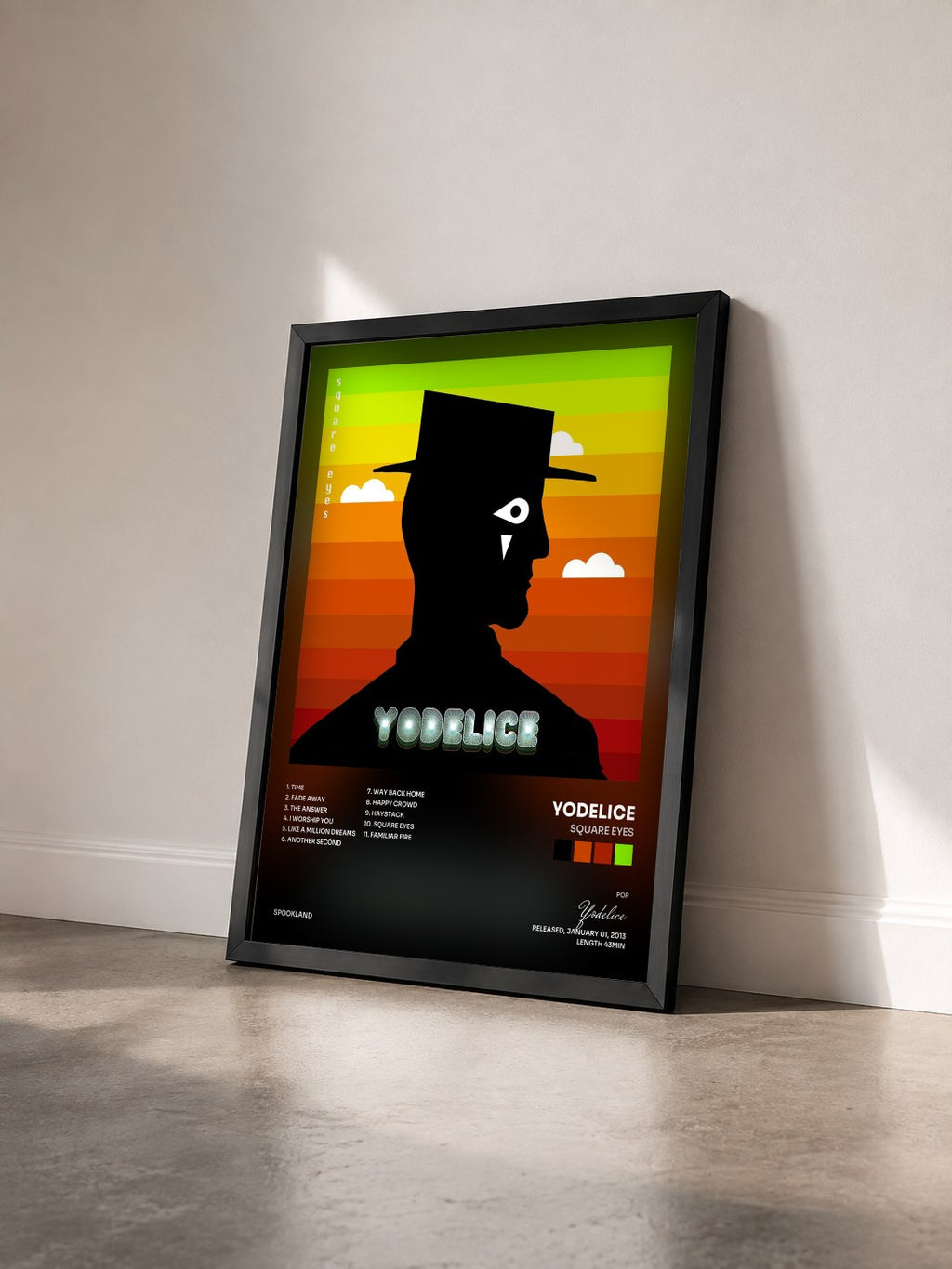 #noir Tableau de l'album Square Eyes de Yodelice vu de trois quarts, cadre noir