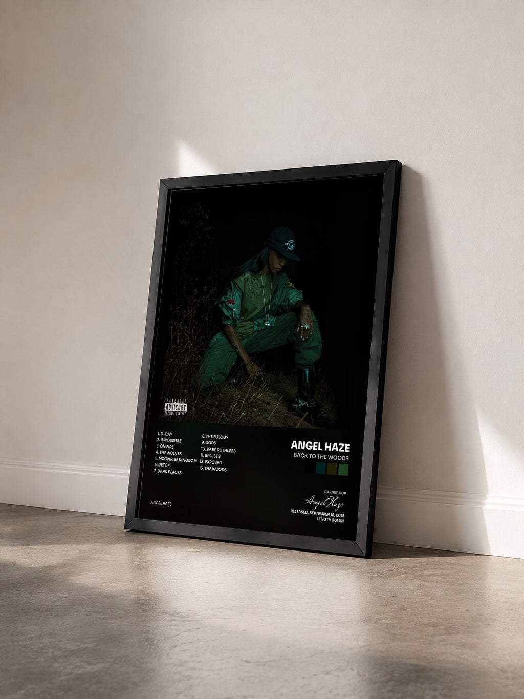 #noir Tableau de l'album Back to the Woods de Angel Haze vu de trois quarts, cadre noir