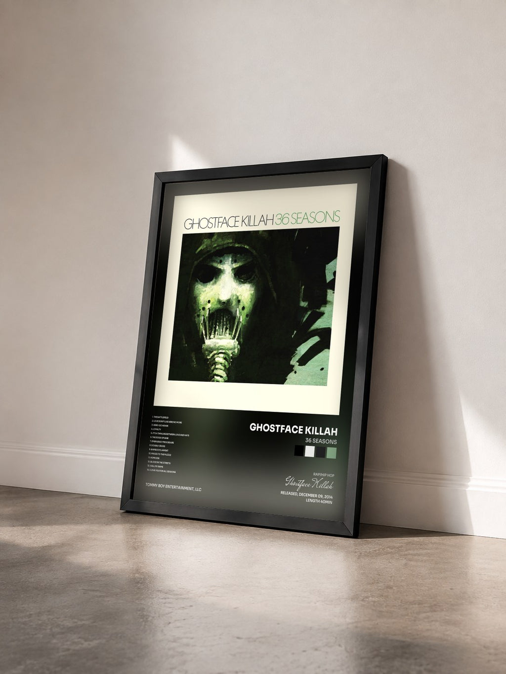 #noir Tableau de l'album 36 Seasons de Ghostface Killah vu de trois quarts, cadre noir