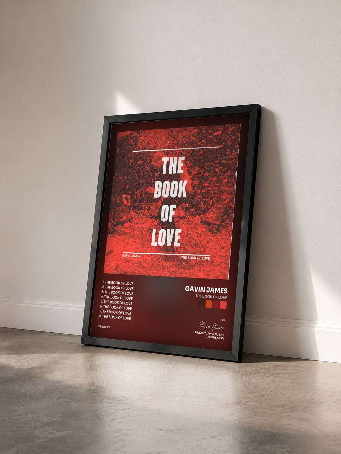 #noir Tableau de l'album The Book of Love de Gavin James vu de trois quarts, cadre noir