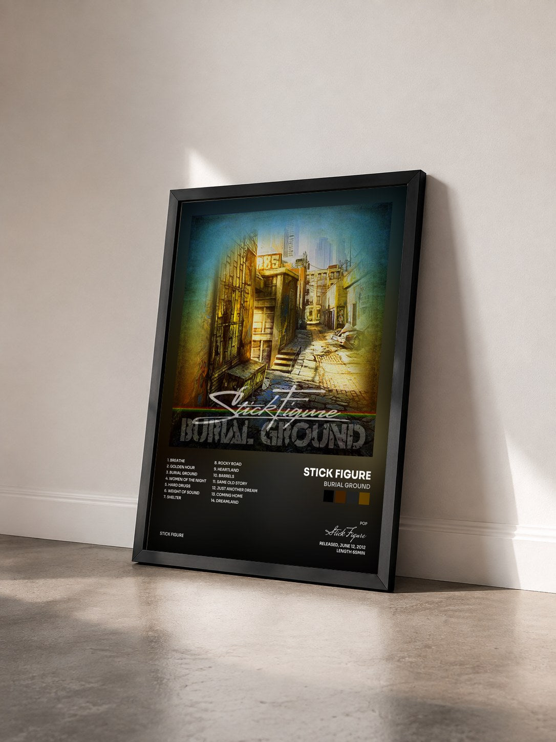 #noir Tableau de l'album Burial Ground de Stick Figure vu de trois quarts, cadre noir