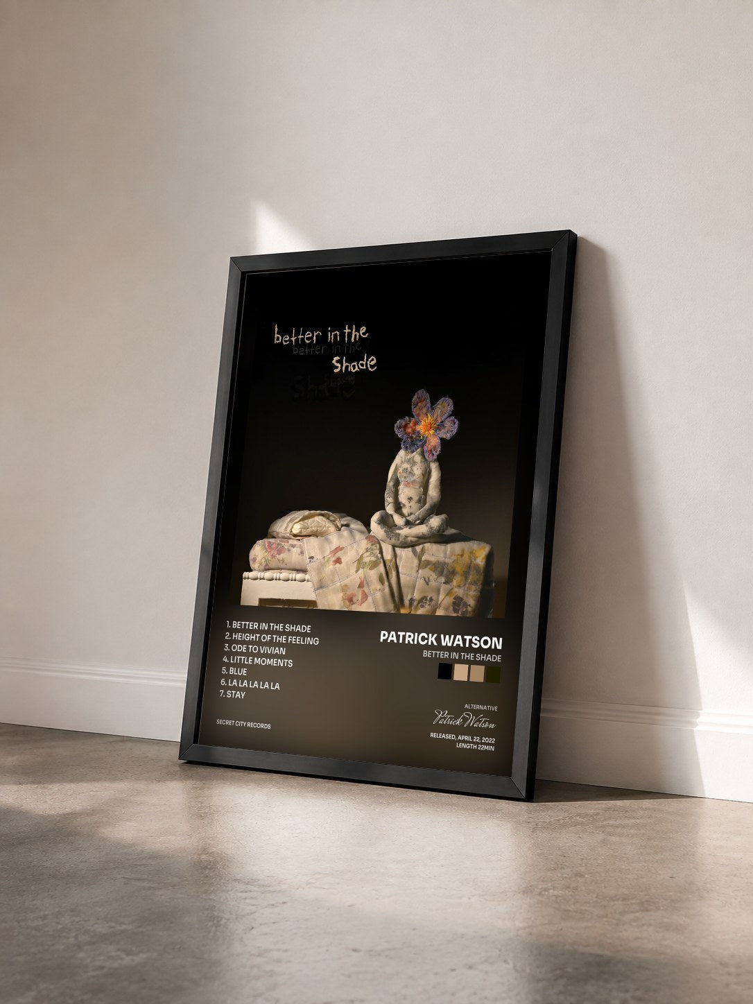 #noir Tableau de l'album Better in the Shade de Patrick Watson vu de trois quarts, cadre noir