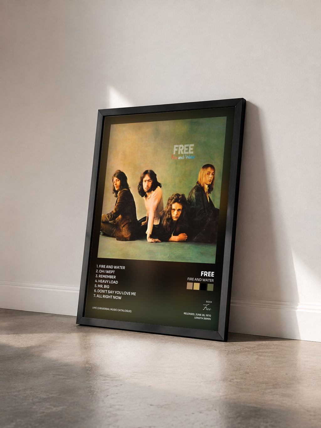 #noir Tableau de l'album Fire And Water de Free vu de trois quarts, cadre noir
