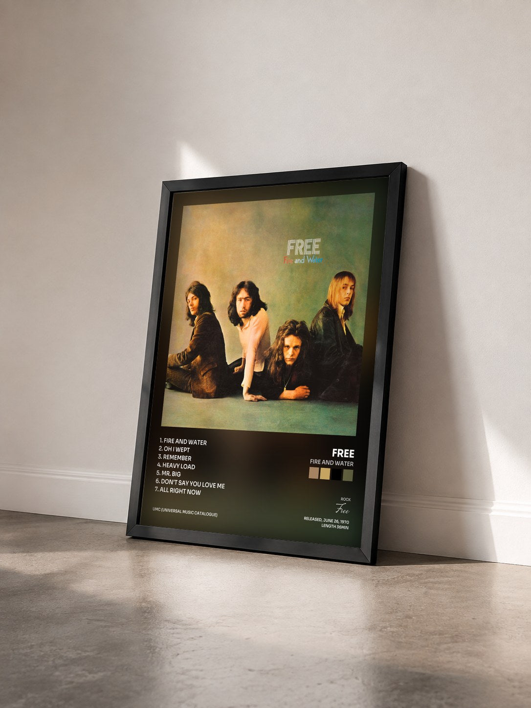 #noir Tableau de l'album Fire And Water de Free vu de trois quarts, cadre noir