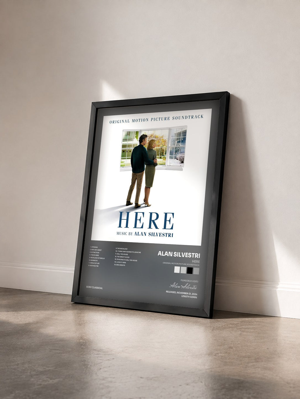 #noir Tableau de l'album Here (Original Motion Picture Soundtrack) de Alan Silvestri vu de trois quarts, cadre noir