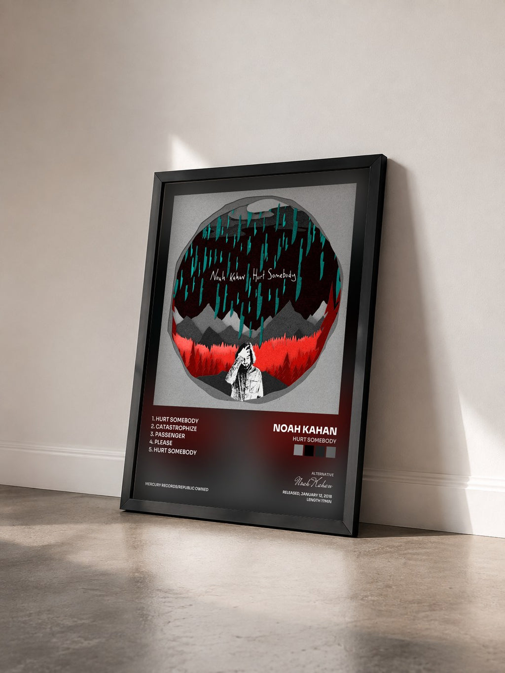 #noir Tableau de l'album Hurt Somebody de Noah Kahan vu de trois quarts, cadre noir