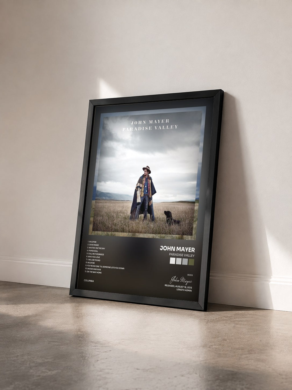 #noir Tableau de l'album Paradise Valley de John Mayer vu de trois quarts, cadre noir