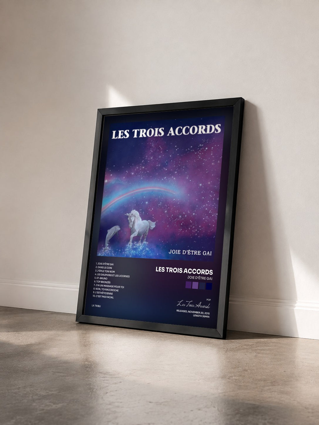#noir Tableau de l'album Joie d'être gai de Les Trois Accords vu de trois quarts, cadre noir