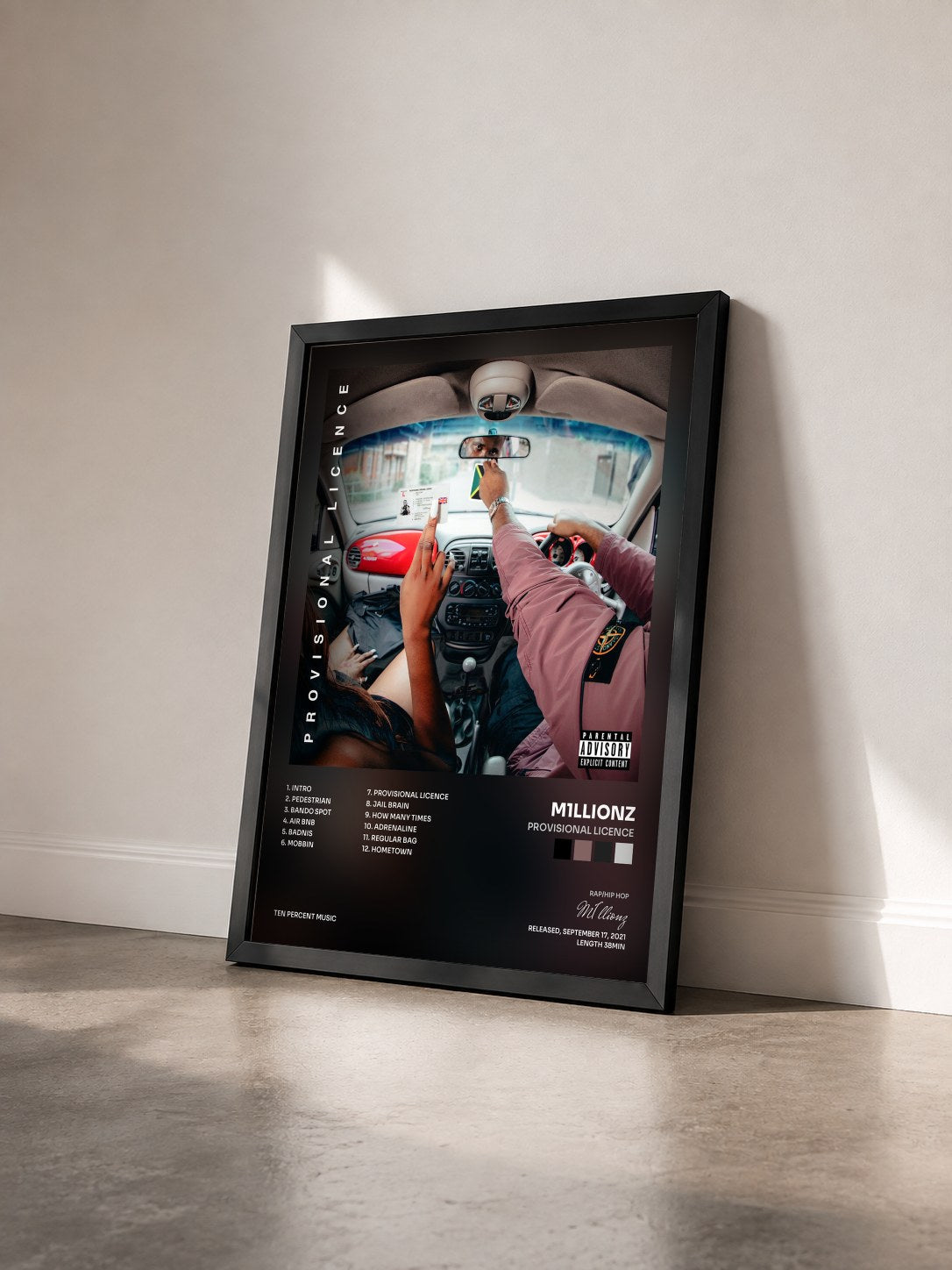 #noir Tableau de l'album Provisional Licence de M1llionz vu de trois quarts, cadre noir