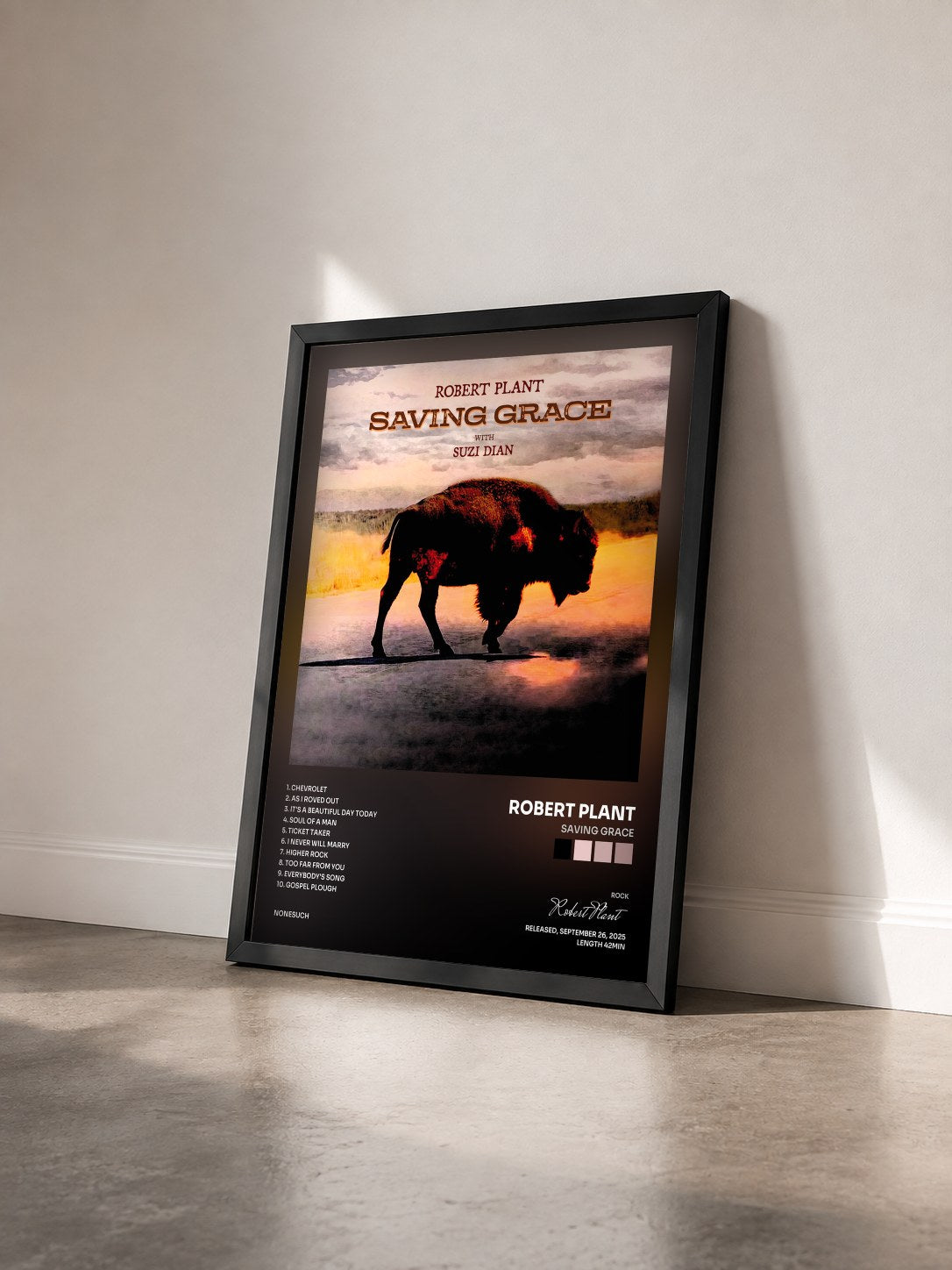 #noir Tableau de l'album Saving Grace de Robert Plant vu de trois quarts, cadre noir