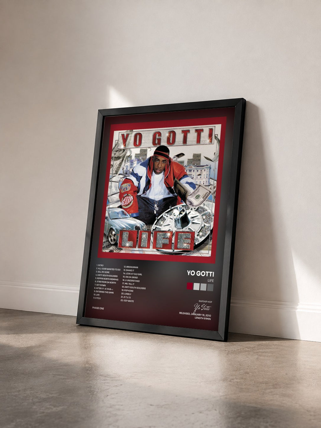 #noir Tableau de l'album Life de Yo Gotti vu de trois quarts, cadre noir