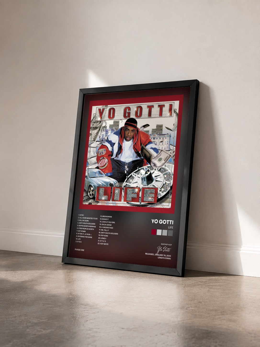 #noir Tableau de l'album Life de Yo Gotti vu de trois quarts, cadre noir