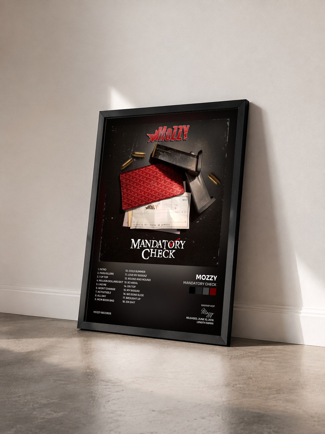 #noir Tableau de l'album Mandatory Check de Mozzy vu de trois quarts, cadre noir