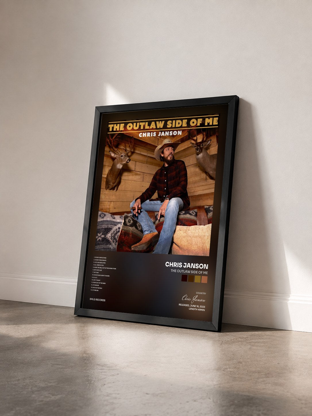#noir Tableau de l'album The Outlaw Side Of Me de Chris Janson vu de trois quarts, cadre noir