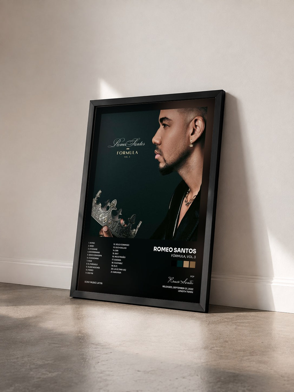 #noir Tableau de l'album Fórmula, Vol. 3 de Romeo Santos vu de trois quarts, cadre noir