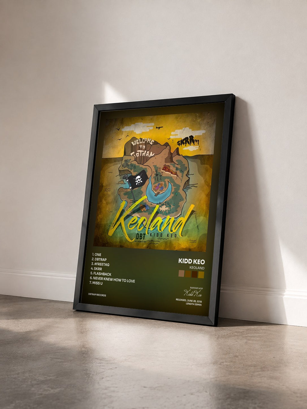 #noir Tableau de l'album Keoland de Kidd Keo vu de trois quarts, cadre noir