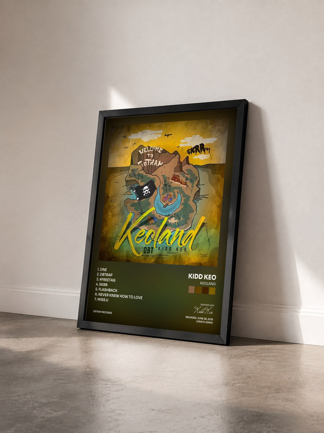 #noir Tableau de l'album Keoland de Kidd Keo vu de trois quarts, cadre noir