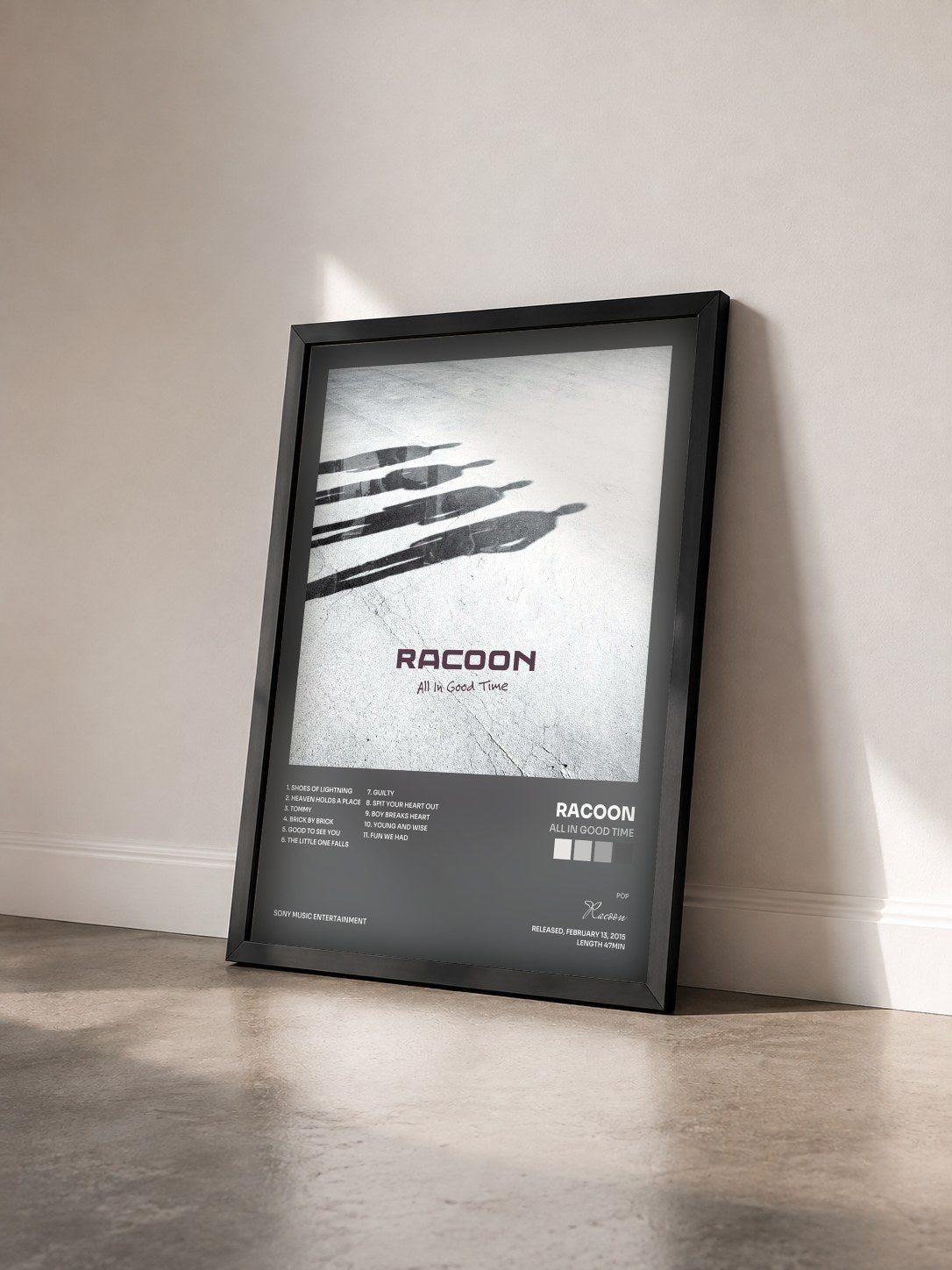 #noir Tableau de l'album All in Good Time de Racoon vu de trois quarts, cadre noir