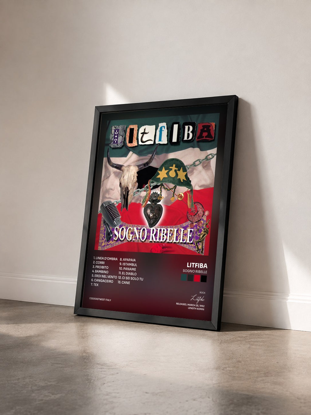 #noir Tableau de l'album Sogno Ribelle de Litfiba vu de trois quarts, cadre noir