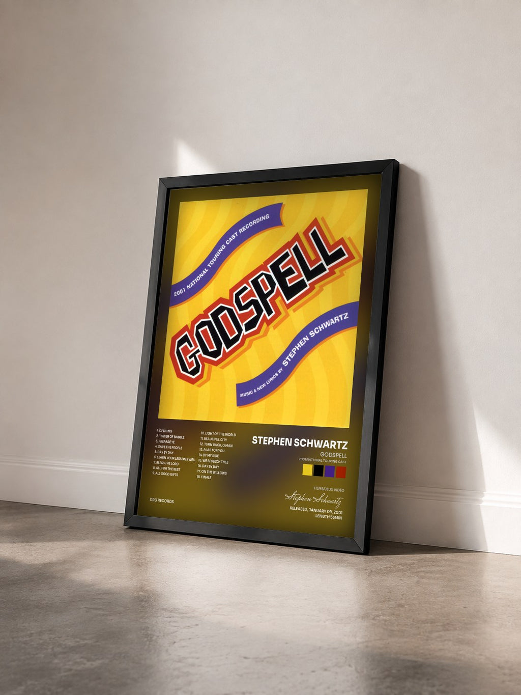 #noir Tableau de l'album Godspell (2001 National Touring Cast) de Stephen Schwartz vu de trois quarts, cadre noir