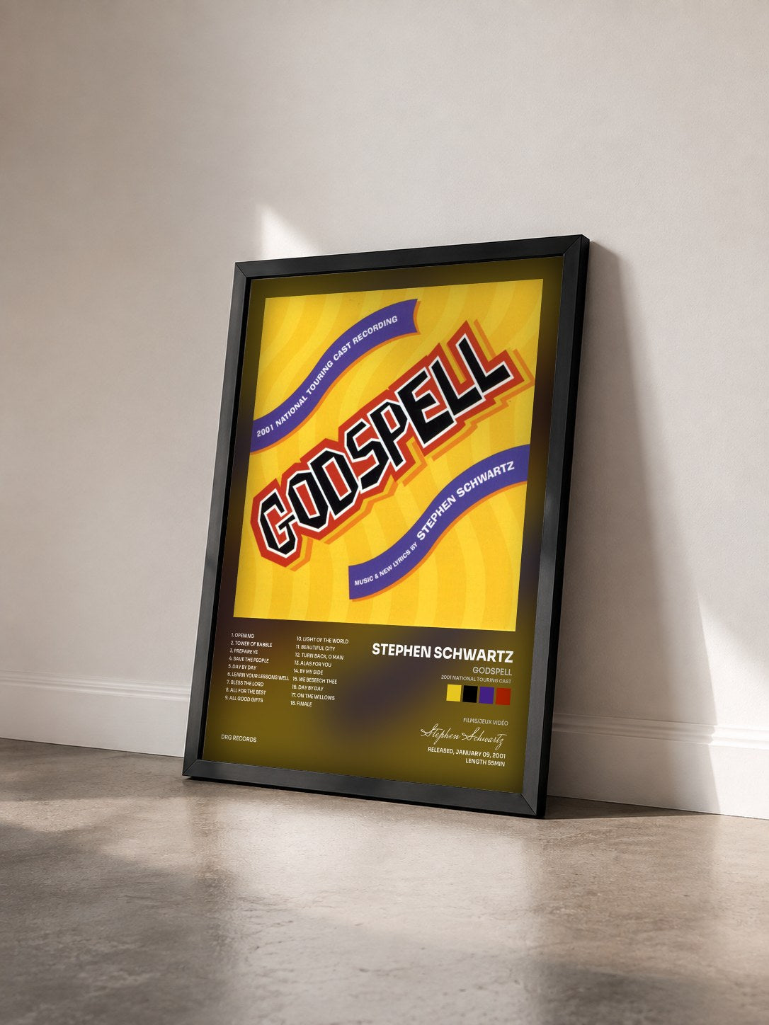 #noir Tableau de l'album Godspell (2001 National Touring Cast) de Stephen Schwartz vu de trois quarts, cadre noir
