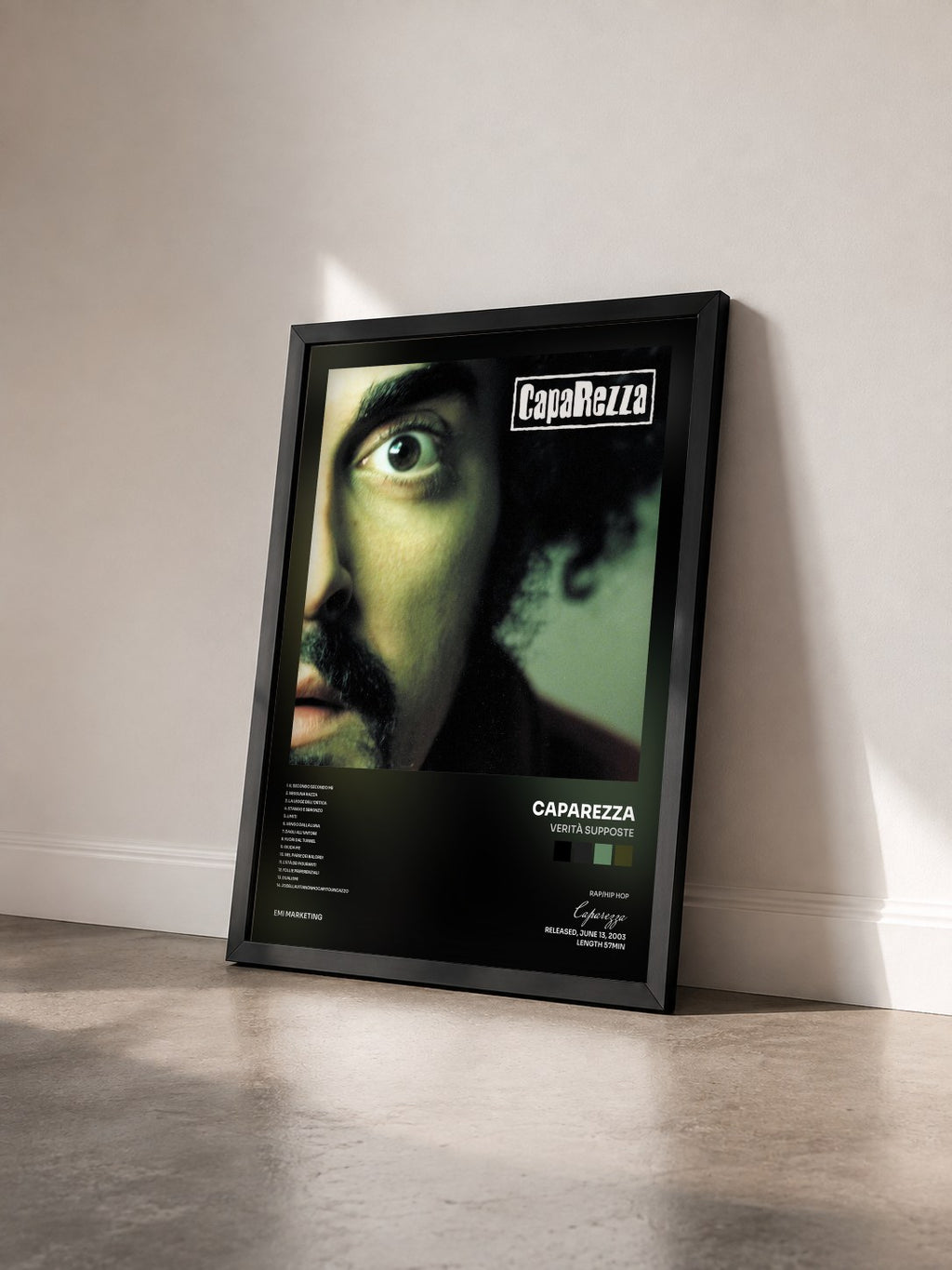 #noir Tableau de l'album Verità Supposte de Caparezza vu de trois quarts, cadre noir