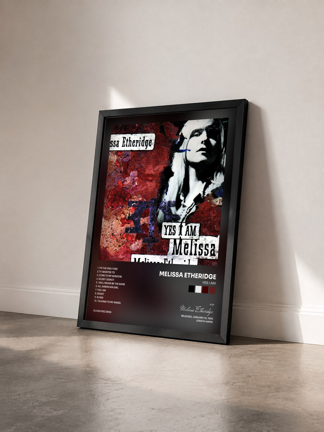 #noir Tableau de l'album Yes I Am de Melissa Etheridge vu de trois quarts, cadre noir