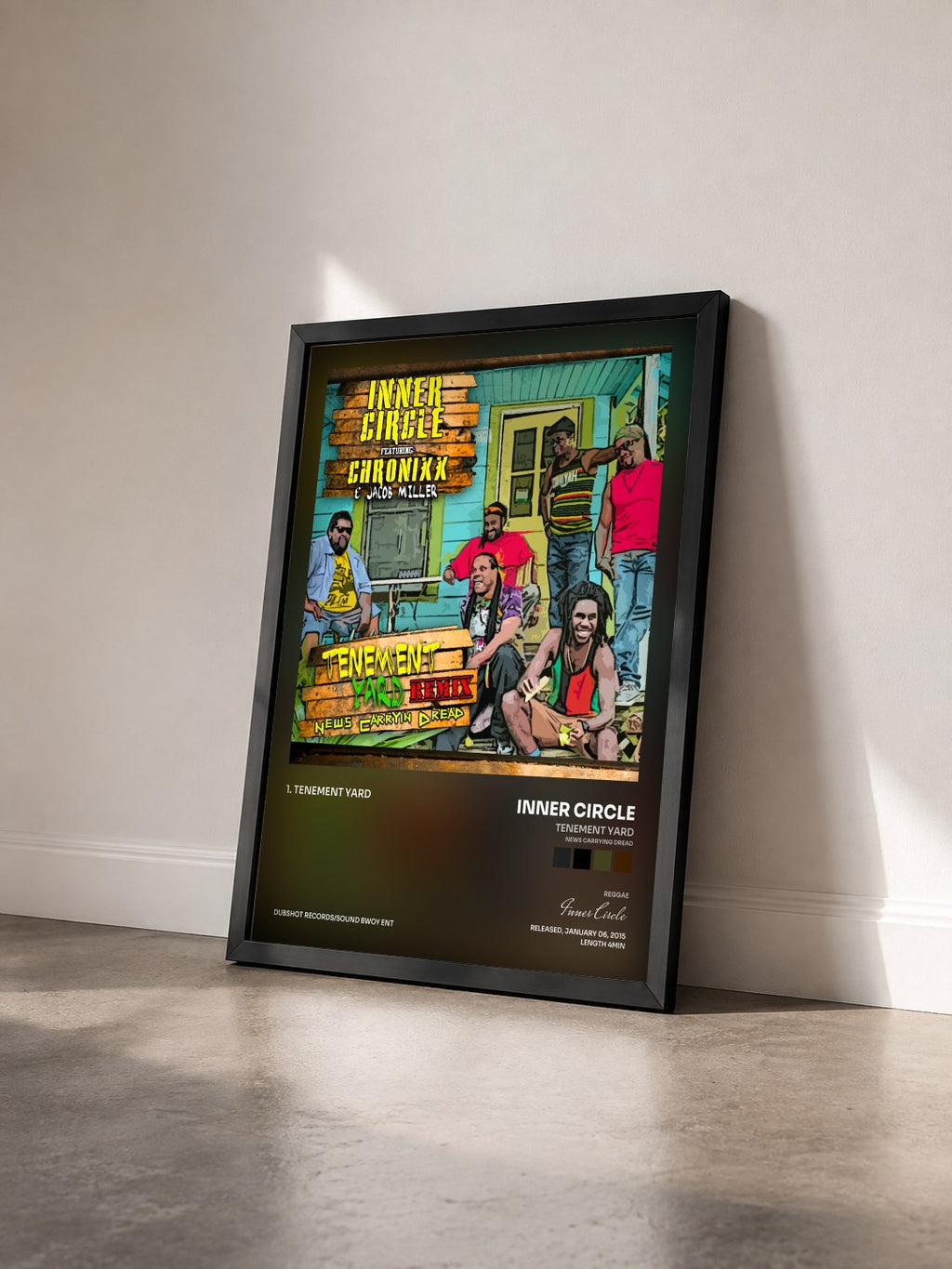 #noir Tableau de l'album Tenement Yard (News Carrying Dread) [feat. Chronixx, Jacob Miller] de Inner Circle vu de trois quarts, cadre noir