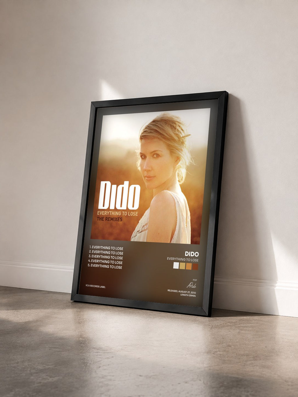 #noir Tableau de l'album Everything To Lose de Dido vu de trois quarts, cadre noir