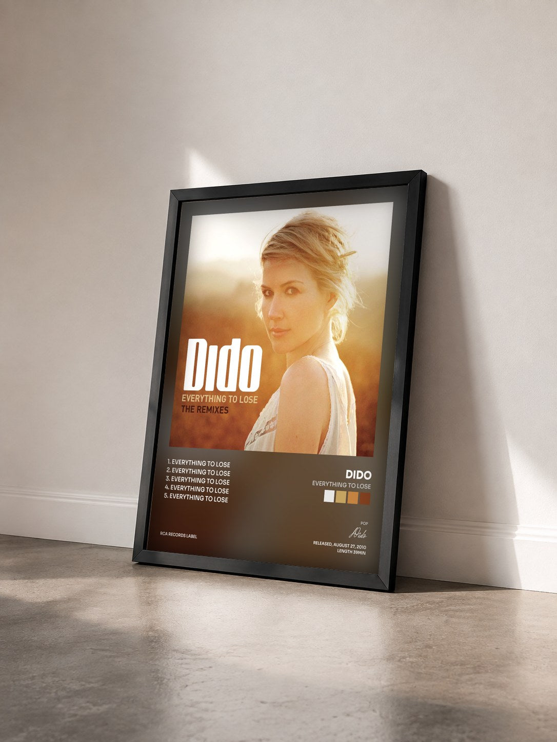 #noir Tableau de l'album Everything To Lose de Dido vu de trois quarts, cadre noir