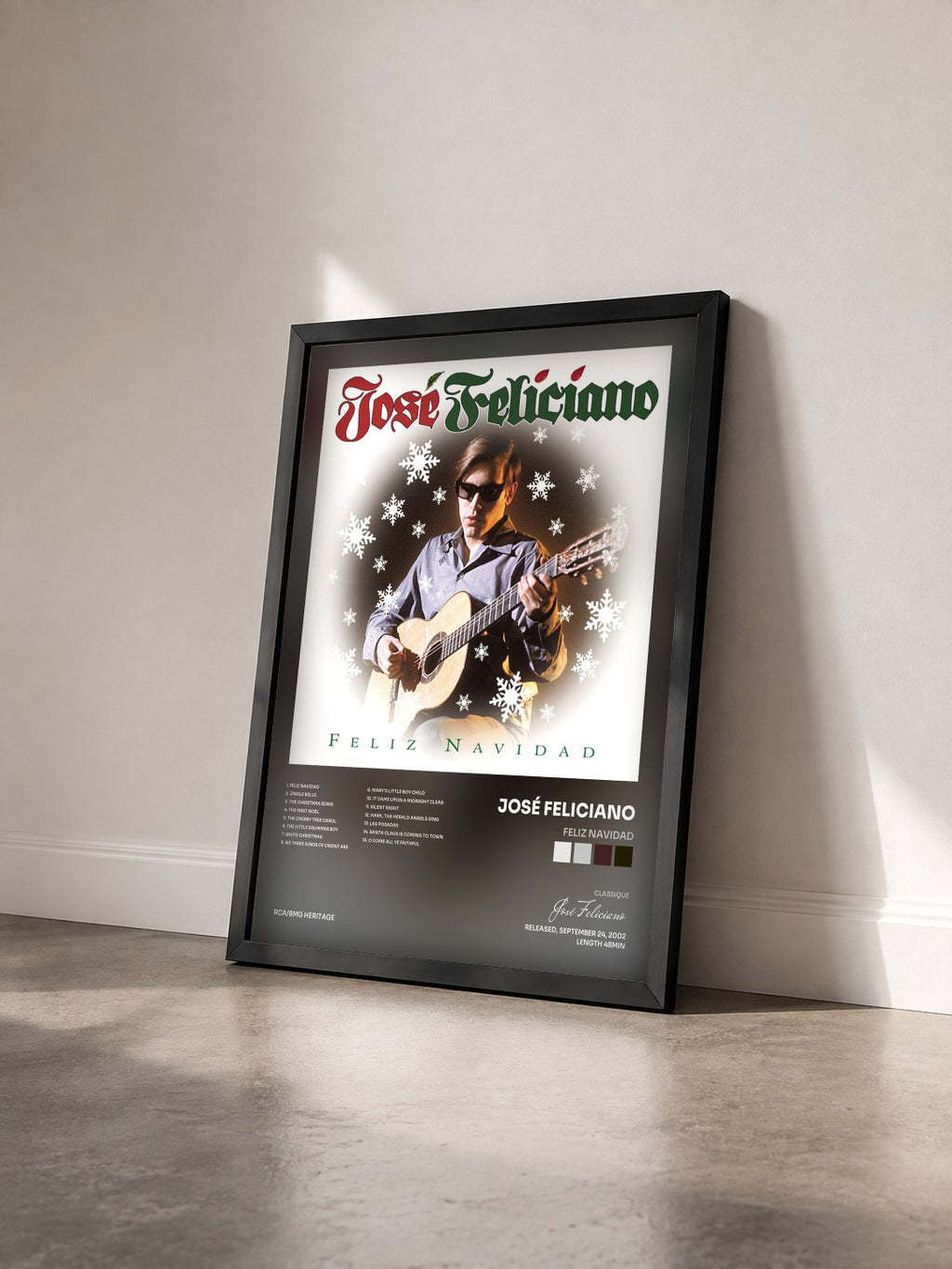 #noir Feliz Navidad di José Feliciano in stampa incorniciata vista di tre quarti, cornice nera