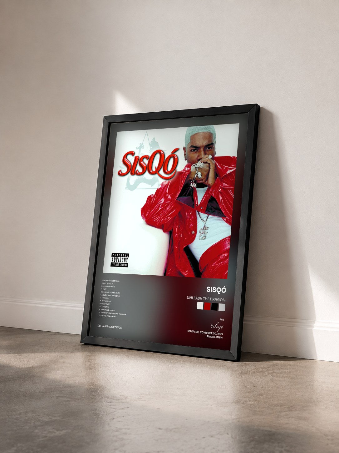 #noir Tableau de l'album Unleash The Dragon de Sisqó vu de trois quarts, cadre noir