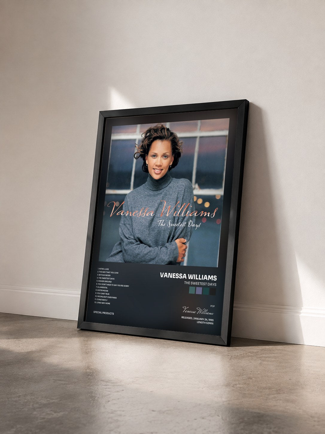 #noir Tableau de l'album The Sweetest Days de Vanessa Williams vu de trois quarts, cadre noir