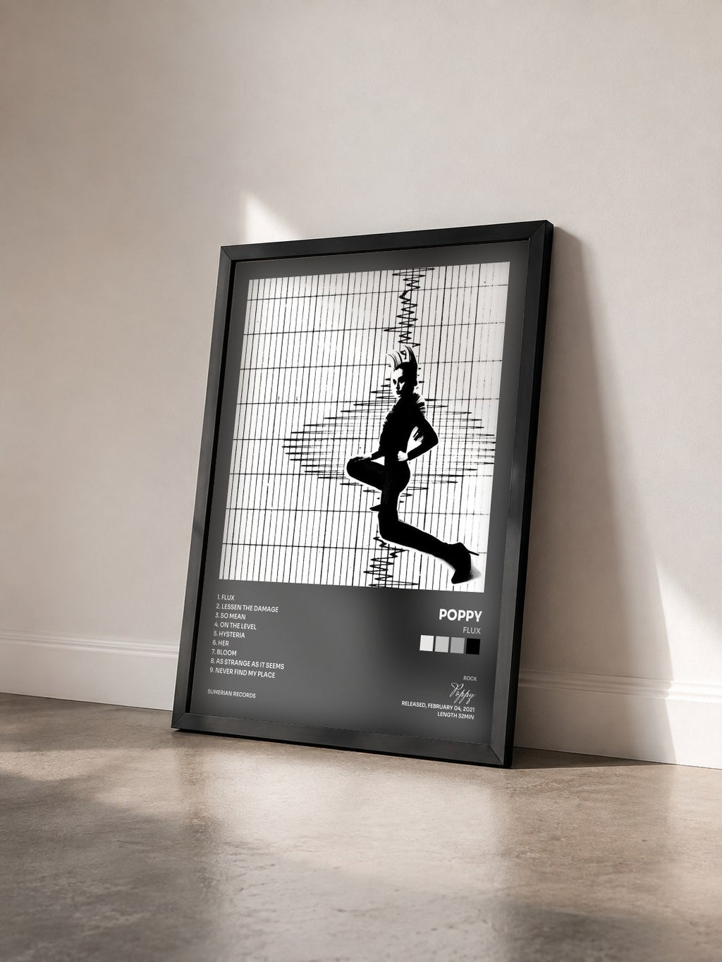 #noir Tableau de l'album Flux de Poppy vu de trois quarts, cadre noir