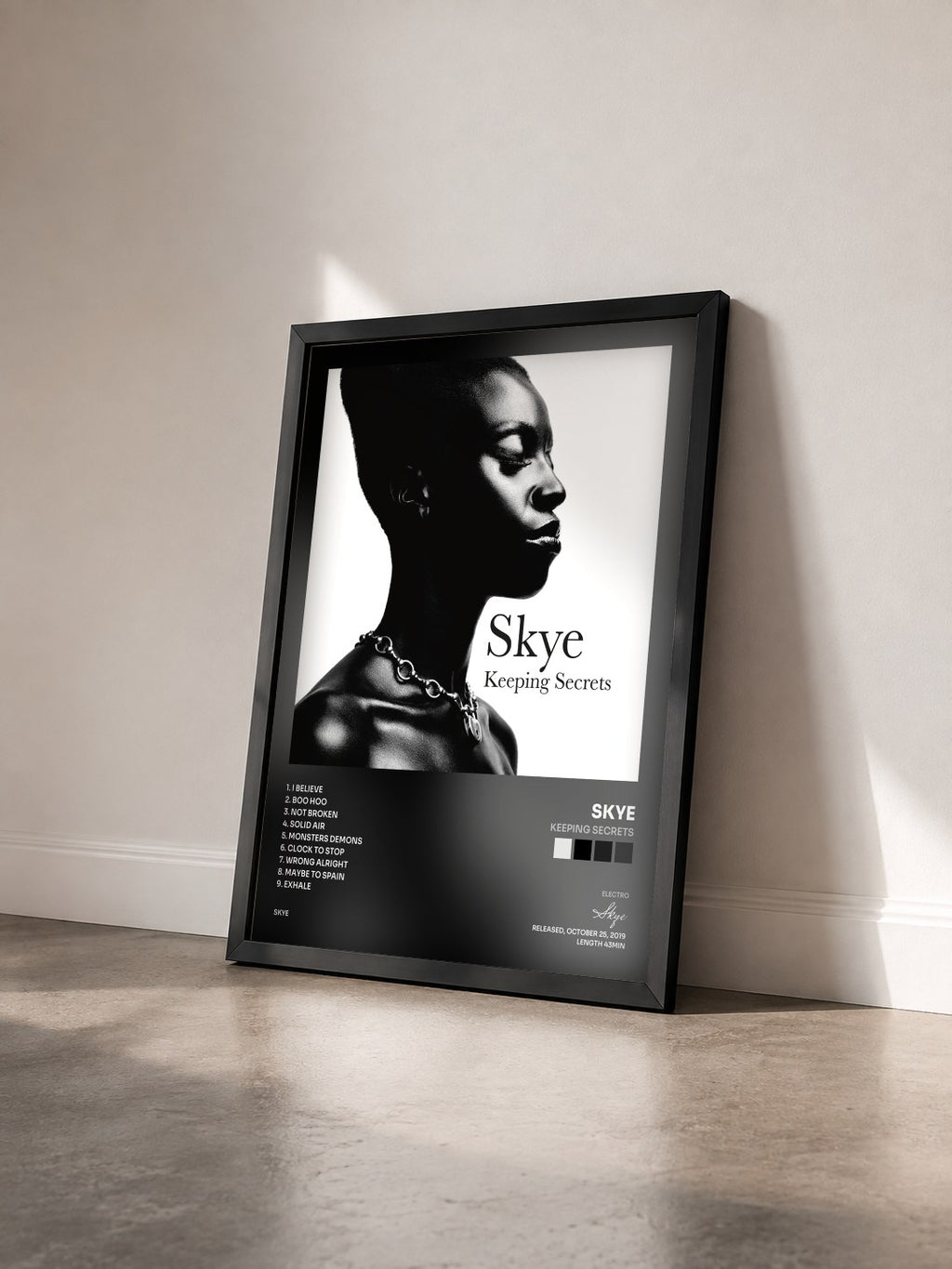 #noir Tableau de l'album Keeping Secrets de Skye vu de trois quarts, cadre noir